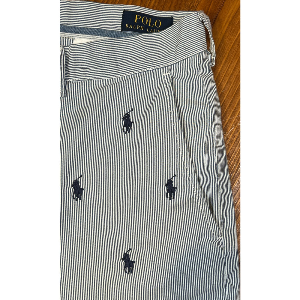 Polo Ralph Lauren Mens 30 x 9" Blue White Stripe Cotton Shorts Allover Pony - Picture 4 of 10